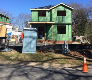 A new house under construction in Northside neighborhood. A loan from UNC-CH has allowed the Jackson Center to purchase properties to sell at an affordable rate in an attempt to raise the neighborhood's black population. (photo by Sofie DeWulf)